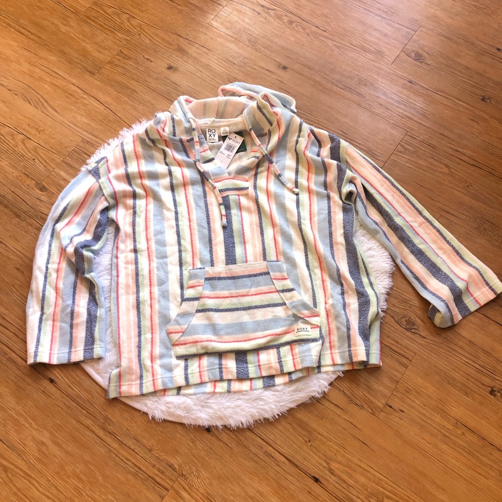 Roxy Boho Pastel Multi-Striped Hooded Pullover Sweatshirt with Pockets - Picture 2 of 10